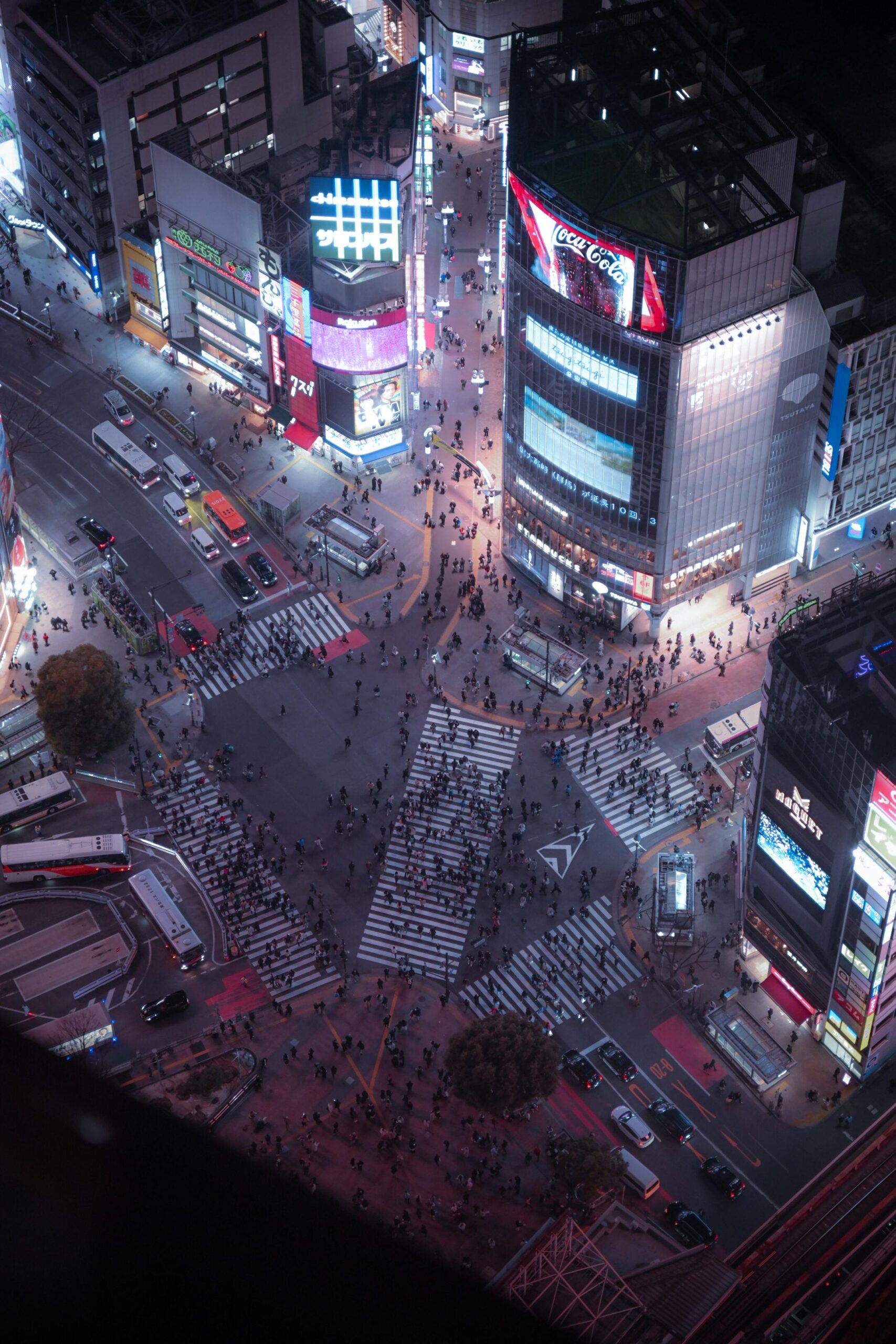 Shibuya crossing aerial view at night, Tokyo travel guide