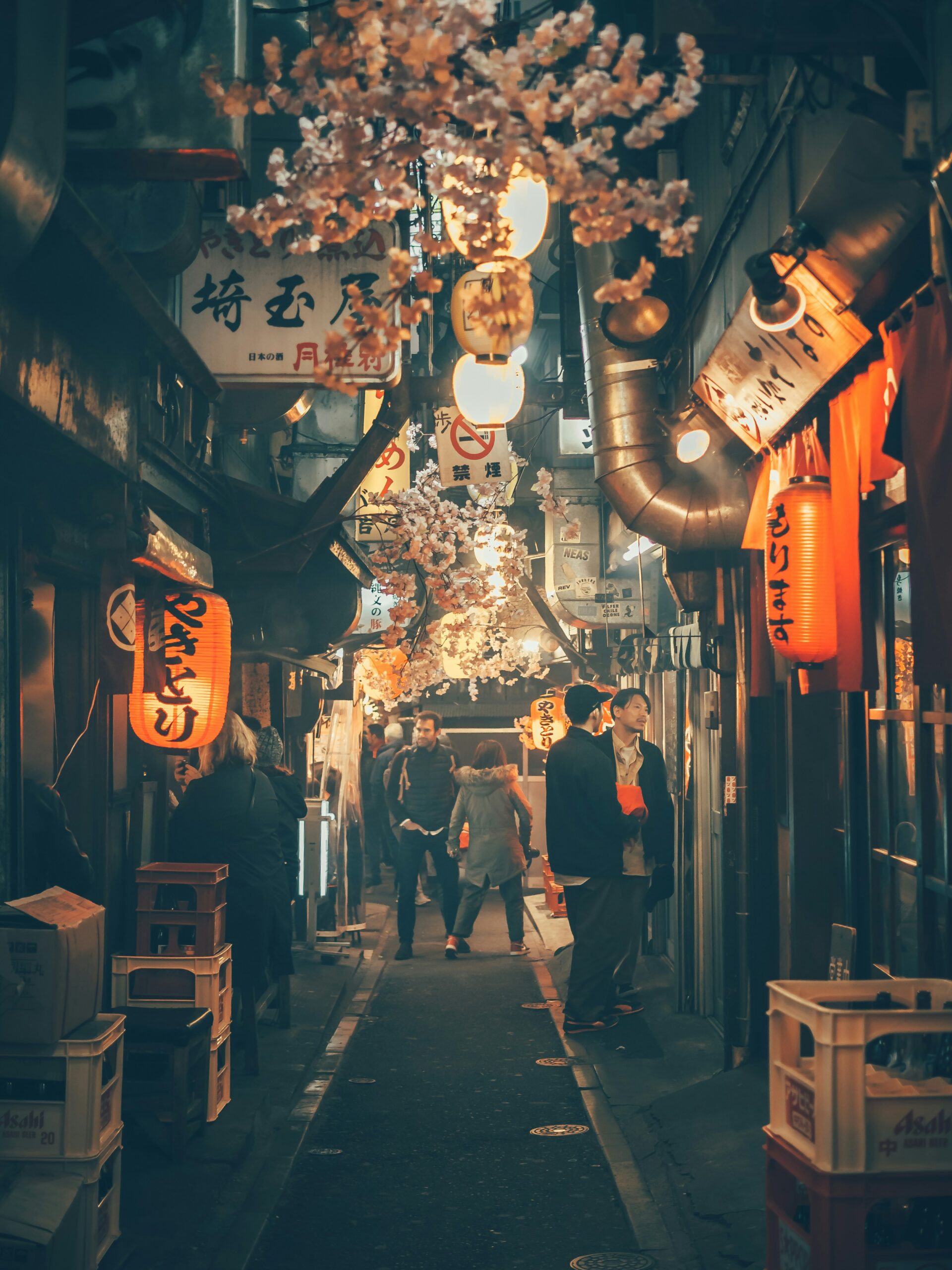 Yakitori alley in Tokyo with orange lanterns and cherry blossom